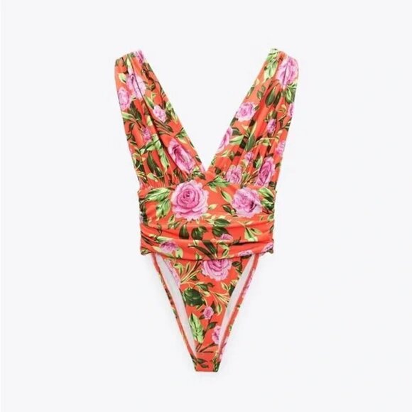 NWT Zara Tropical Floral Draped Thong Bodysuit - Picture 6 of 8